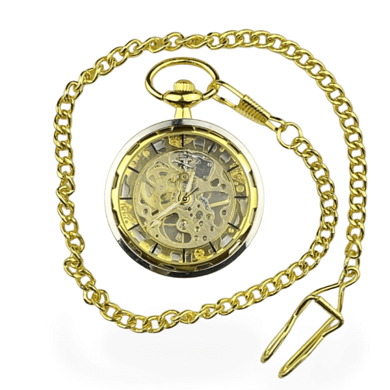 Gold Skeleton Pocket Watch chain bold time