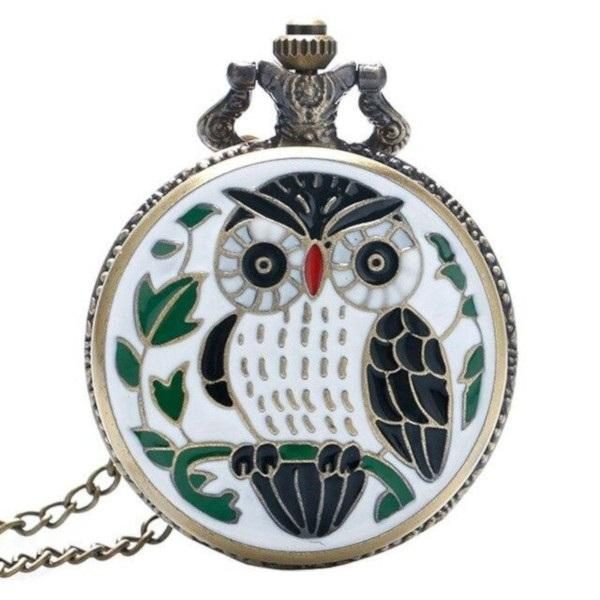 Owl Quartz Pocket Watch white