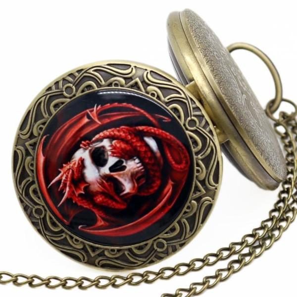 Steampunk Skull Dragon Quartz Pocket Watch chain