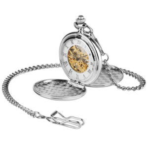 Silver Double Hunter Pocket Watch with chain