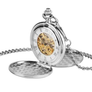Customizable Mechanical Pocket Watch shiny silver with chain