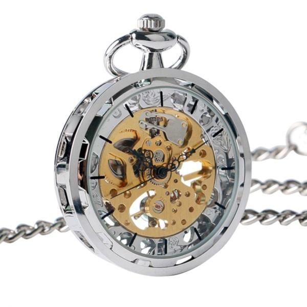 Silver Skeleton Pocket Watch with chain