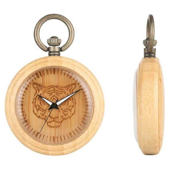Wooden Pocket Watch Tiger front and side